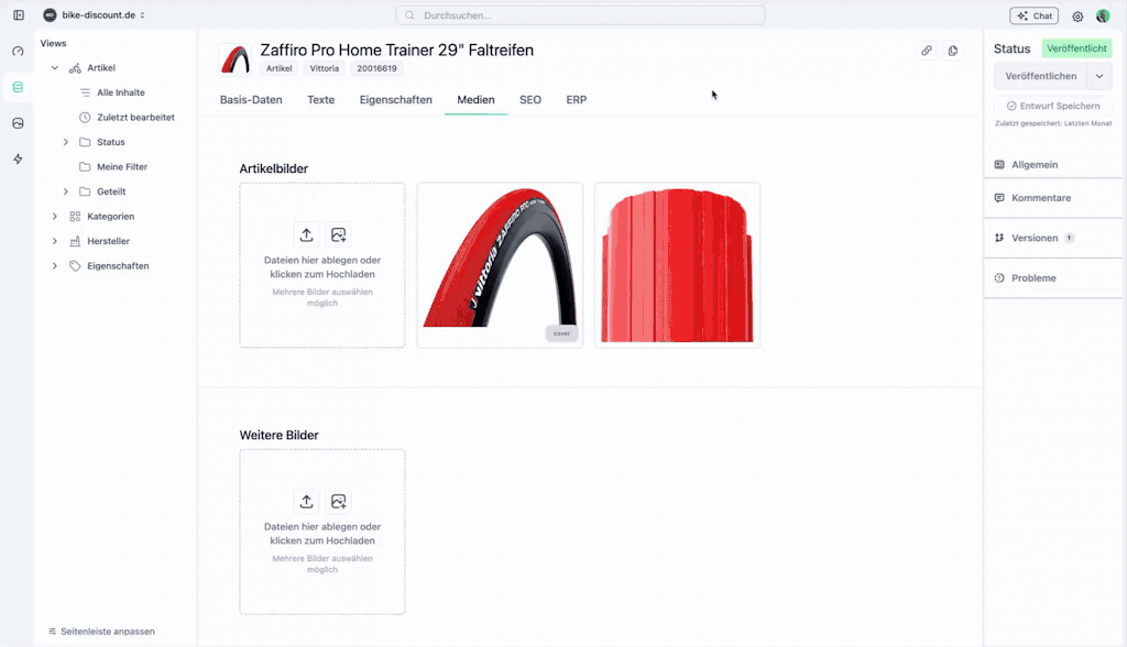NextCMS PIM: Produkteditor mit Basis-Daten, Kategorien, Übersetzungen und Workflow-Status