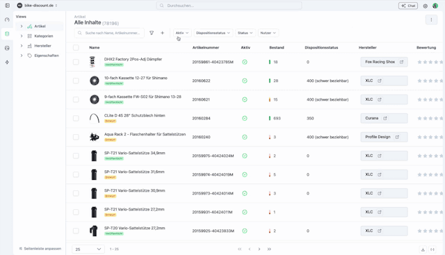 NextCMS PIM: Artikelliste mit großem Katalog — viele Produkte in einer Übersicht